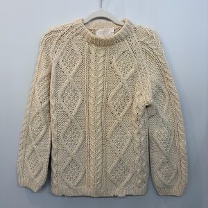 Vintage 60s Fisherman Wool Sweater Woman’s Cableknit Cream Chunky Knit Size M